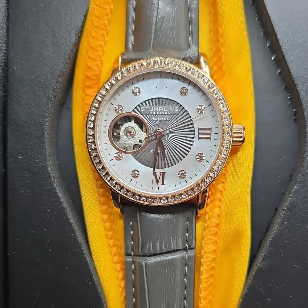 Stührling Original Women’s Automatic Analog Watch Rose Gold Gray Leather w/ Box